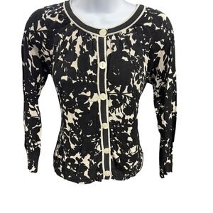 Ann Taylor LOFT Black White Floral Print‎ Silk Cotton Button Front Cardigan S